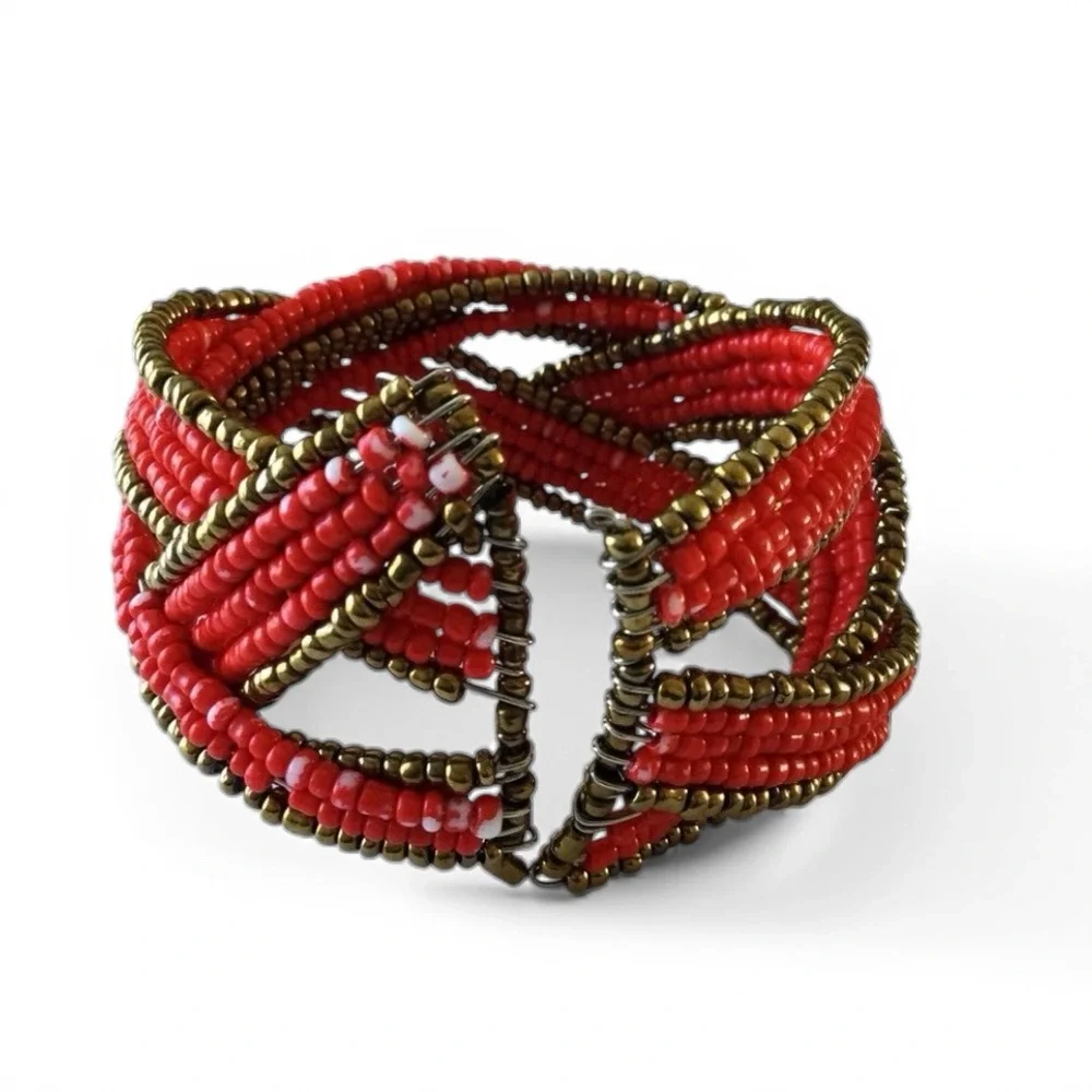 Handmade Twisted Flexible Seed Bead Braided Open Cuff Bracelet – Red & Gold